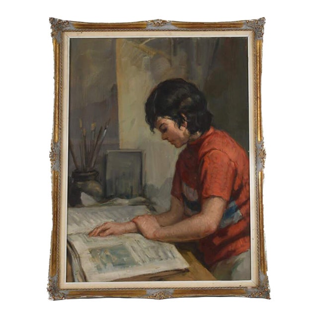 Framed Oil on Canvas Titled "Young Seated Girl Artist" For Sale