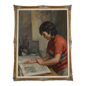 Framed Oil on Canvas Titled "Young Seated Girl Artist"