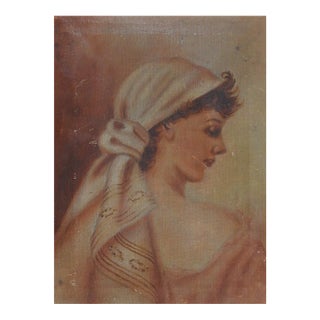 Antique Continental Portrait of Woman in Scarf Painting For Sale