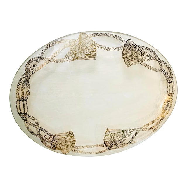Vintage Oval Transparent Glass Tray With Four Gilt Tassel Decoration For Sale