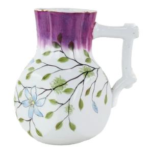 Delicate Purple and White Floral Ceramic Pitcher With Branch Handle