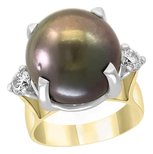 Black Tahitian Pearl and Diamond Cocktail Ring 18 Karat Gold/Platinum
