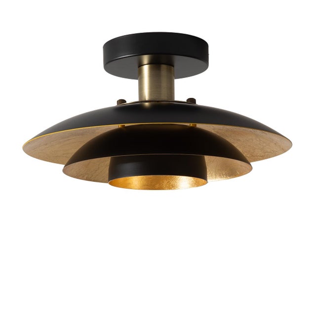 Nova of California Rancho Mirage Flush Mount Ceiling Light - Matte Black & Gold-Leaf Shade, Weathered Brass For Sale - Image 4 of 12