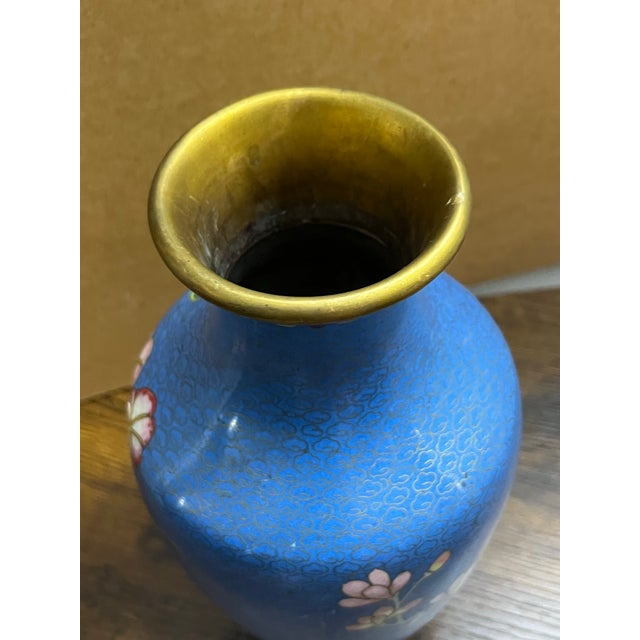 Chinese Vintage Chinese Blue Cloisonné Enamel Vase With Morning Glory Flowers, 10 Inches For Sale - Image 3 of 8