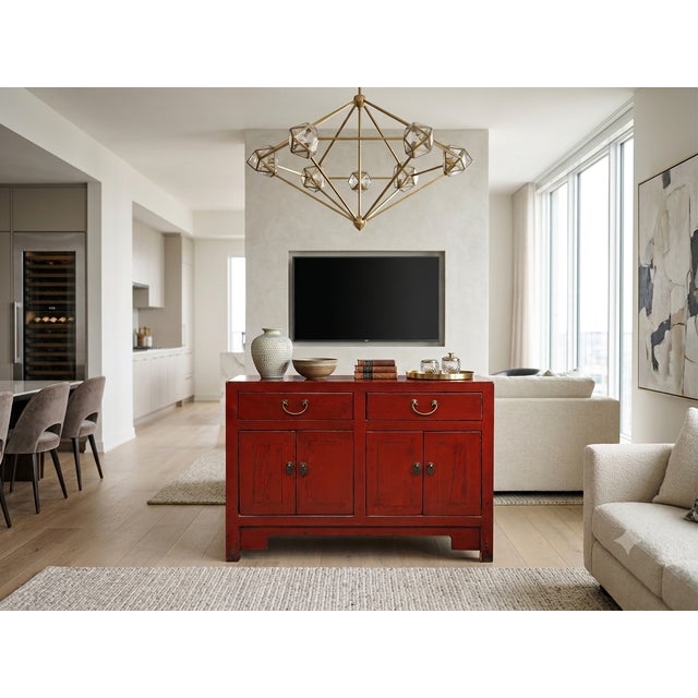 Wood Distressed Brick Red Drawers Doors Sideboard Credenza Console Table For Sale - Image 7 of 18