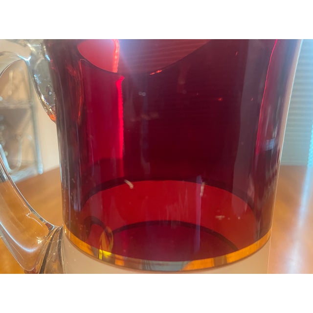 Vintage Ruby Red Glass Pitcher & 6 Tumblers Set - White and Gold Banded Barware For Sale - Image 9 of 11