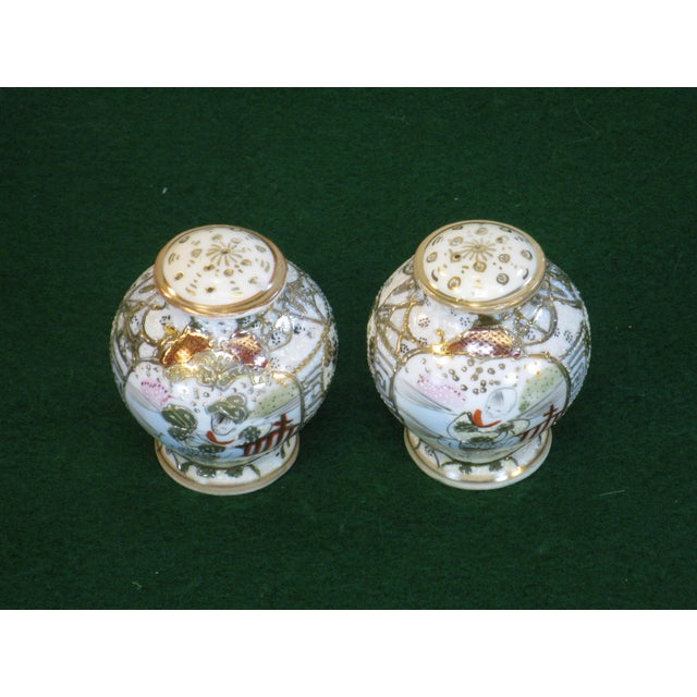 Antique Salt & Pepper Shakers Satsuma Porcelain Gold Beaded Very Ornate For Sale - Image 10 of 12