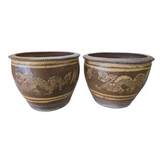 1960s Pair of Chinese Glazed Dragon Terracotta Planters For Sale