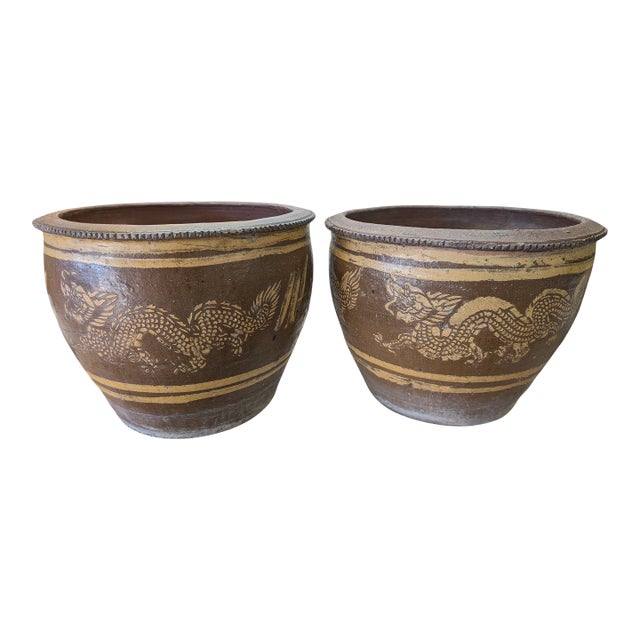 1960s Pair of Chinese Glazed Dragon Terracotta Planters For Sale