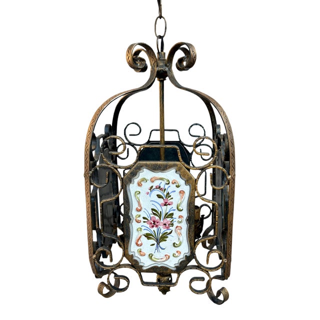 Vintage Gilded Lantern Pendant With Four Dimensional Porcelain Hand Painted Plaques For Sale