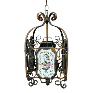 Vintage Gilded Lantern Pendant With Four Dimensional Porcelain Hand Painted Plaques