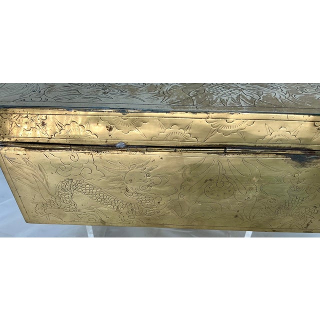 Metal Antique Chinese Brass Dragon Engraved Jewelry or Document Box For Sale - Image 7 of 12