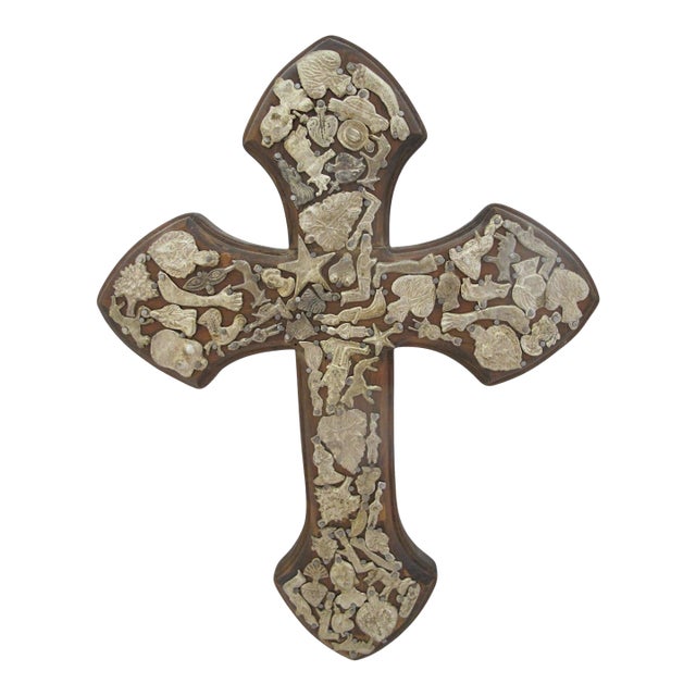 Milagros Sacred Amulet Charms Large Mexican Folk Art Wooden Wall Cross For Sale