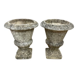 Pair of Early 20th C French Stone Neoclassical Urn Planters by Grandon Freres For Sale