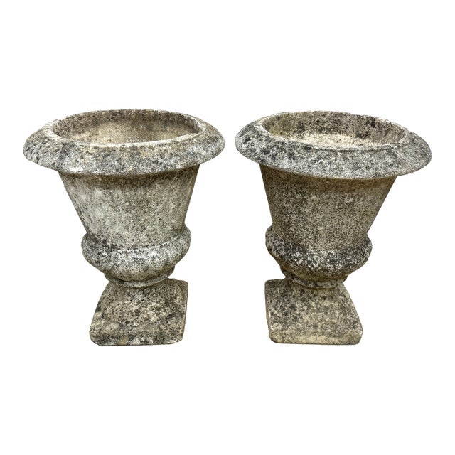 Pair of Early 20th C French Stone Neoclassical Urn Planters by Grandon Freres For Sale