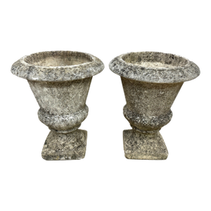 Pair of Early 20th C French Stone Neoclassical Urn Planters by Grandon Freres