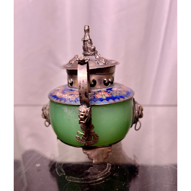 Jade 19th Century Chinese Silver, Jade & Cloisonne Censer For Sale - Image 8 of 11