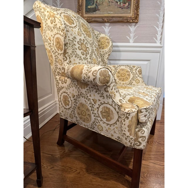 American Vintage Custom Upholstered Wing Back Chair With Mahogany Base For Sale - Image 3 of 17