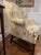 American Vintage Custom Upholstered Wing Back Chair With Mahogany Base For Sale - Image 3 of 17