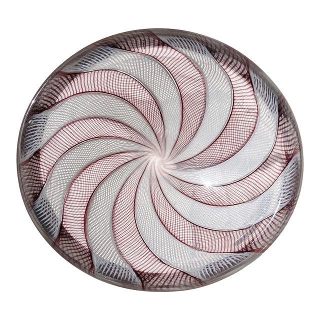 Vintage Venini Murano Signed Made in Italy Amethyst White Zanfirico Ribbons Italian Art Glass Ring Dish Bowl For Sale