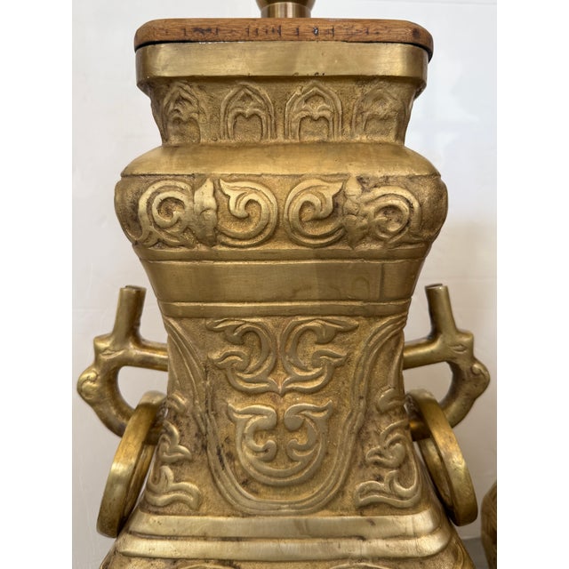 1940s 1940s James Mont Style Pair of Cast Brass Table Lamps For Sale - Image 5 of 11