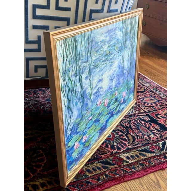 Impressionist Mid 20th Century Erwin Steinhauser in style of Oscar-Claude Monet Pink Water Lilies Under the WIllow on Blue Impressionist Landscape Oil Painting For Sale - Image 3 of 5