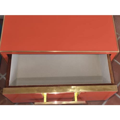 Contemporary Birch Bedside Tables with Red Beige Mirror Glass & Brass Insert by Justfurnituress, Set of 2 For Sale - Image 3 of 6