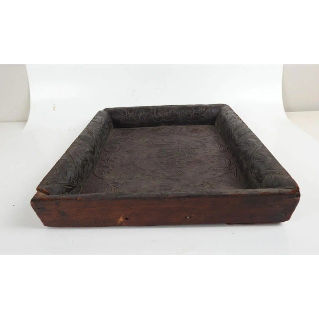 Antique 19th Century Hand Tooled Leather and Wood Tray For Sale - Image 4 of 13