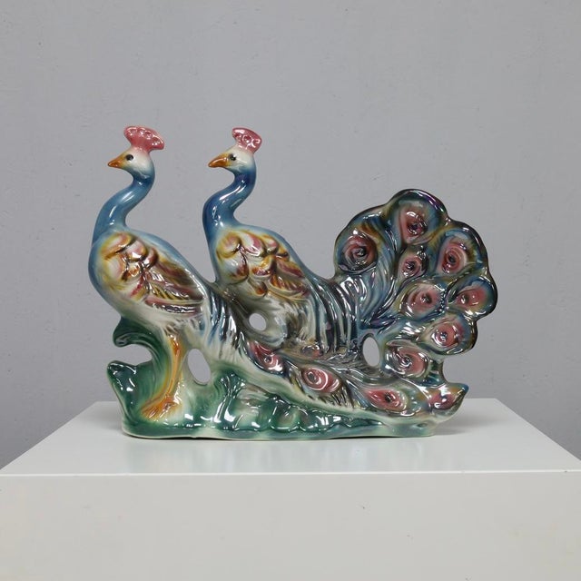 Italian Hand-Painted Ceramic Sculpture with Two Peacocks, 1960s For Sale - Image 9 of 9
