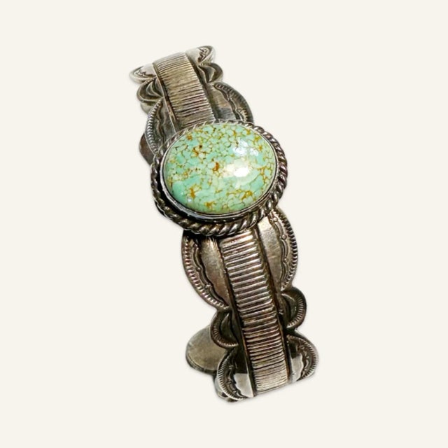 Native American 1980s Sterling Silver and Turquoise Cuff Bracelet by American Indian Alex Sanchez For Sale - Image 3 of 5
