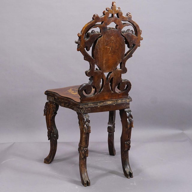 Pair Nutwood Edelweis Marquetry Chairs Swiss Brienz 1900 For Sale - Image 12 of 12