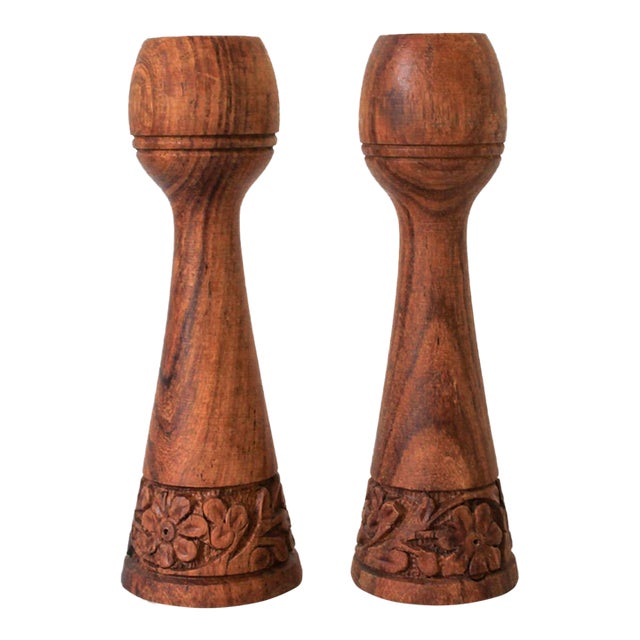 Pair of Hand Carved Wood Candle Holders For Sale