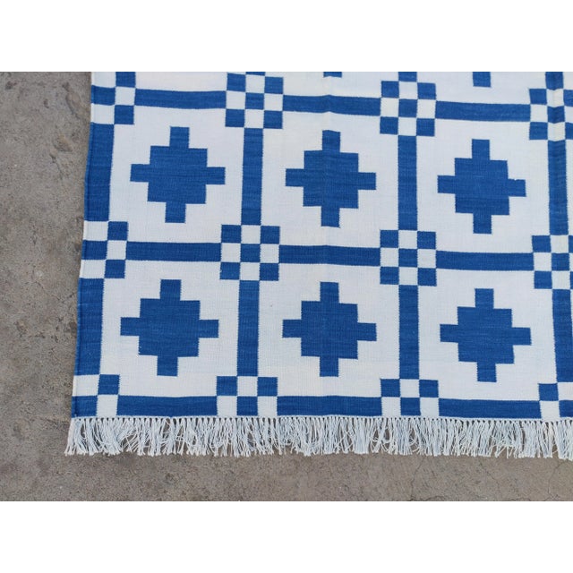 Textile Handmade Cotton Rug, Indigo Blue And White Star Pattern Striped and Cream Fringe - 8'x10' For Sale - Image 7 of 10