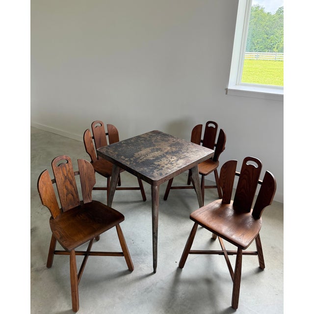 1960s (4) Brutalist Oak Chairs Chalet-Style (After Puydt) + Steel Tolix Game Table, Set of 5 Pieces For Sale - Image 5 of 12