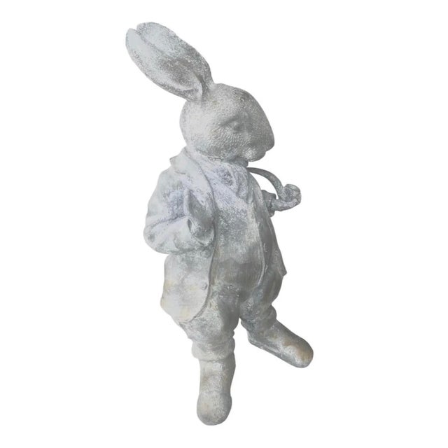 English Vintage Whimsical Cast Iron Dapper Rabbit Garden Statue Holding a Pipe For Sale - Image 3 of 12