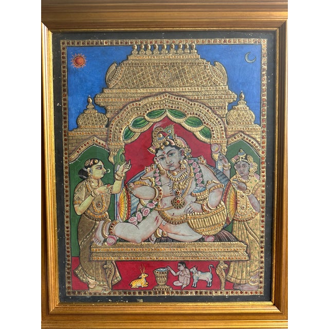 Wood 1950s Mid Century Tanjore Painting Krishna South India Indian Gold Thanjavur Framed Antique Vintage For Sale - Image 7 of 12