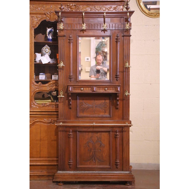 Late 19th Century 19th Century French Carved Walnut Halltree With Mirror and Brass Hooks For Sale - Image 5 of 12
