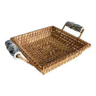 Vintage Rattan Napkin Holder Blue White Porcelain Handles For Sale