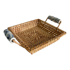 Vintage Rattan Napkin Holder Blue White Porcelain Handles