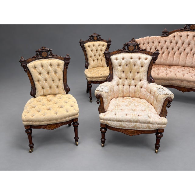 Late 19th Century 7 Pc, M & H Schrenkeisen or J. Jelliff American Renaissance Revival Parlor Suite For Sale - Image 5 of 13