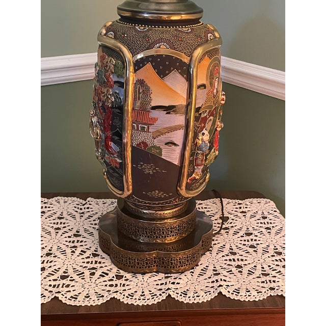 Vintage 31" Japanese Satsuma Moriage Table Lamp With Pleated Shade For Sale - Image 12 of 18