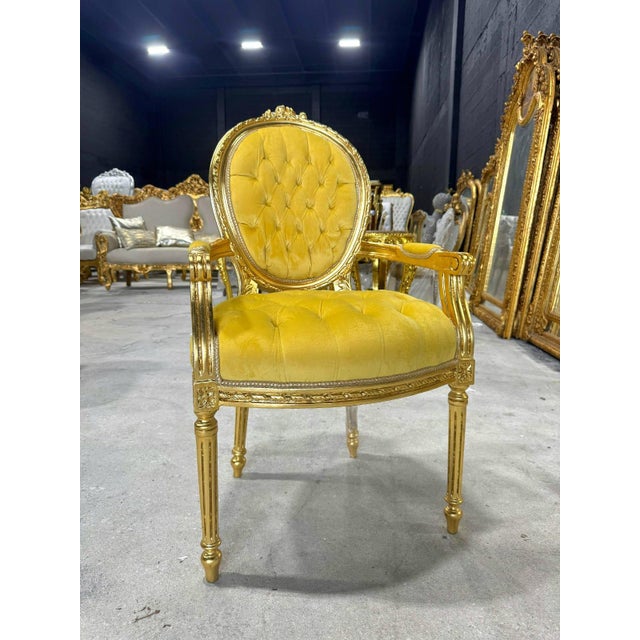 Baroque Golden Yellow Velvet Chair With Exquisite Gold Leaf Details For Sale - Image 10 of 10