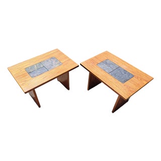 1960s Pair of Danish Modern Teak Side Tables With Slate Tiile Inserts For Sale