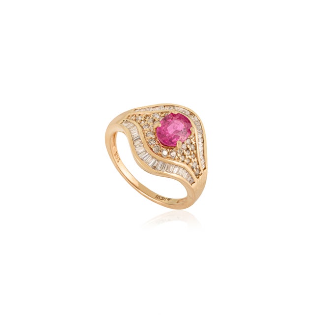 Art Deco 1 Carat Oval Ruby & Cluster Diamond Art Deco Statement Ring Size 5 in 14k Gold For Sale - Image 3 of 17