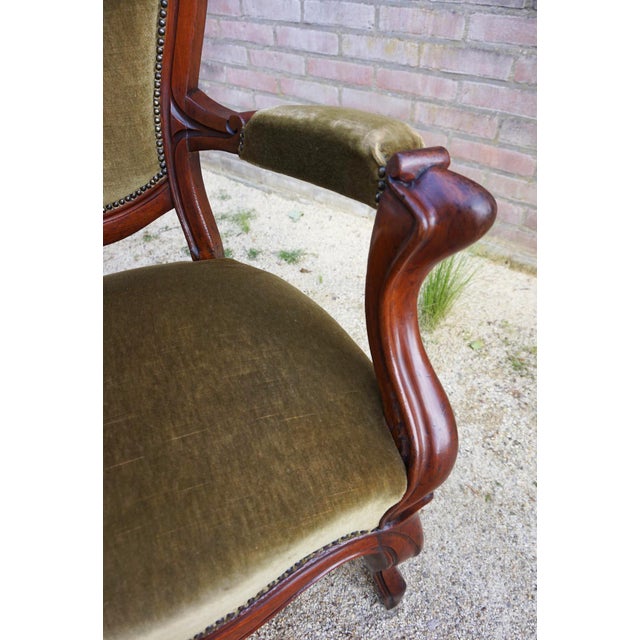 Biedermeier Mahogany Armchair with Carved Grapes and Leaves Decoration on Top, 1870s For Sale - Image 6 of 18