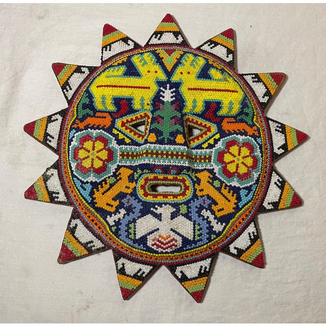 Vintage Handmade Mexican Huichol Chroma Beaded Wood Wall Sun Sculpture Mask Art For Sale - Image 12 of 13