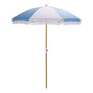 Gallo 6.5 Ft Beach Fringed Umbrella, Baby Blue Cabana Stripe For Sale