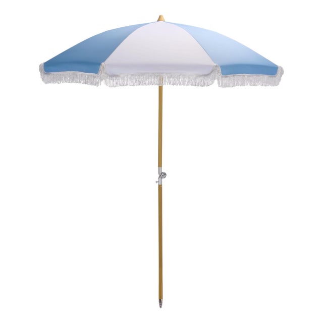 Gallo 6.5 Ft Beach Fringed Umbrella, Baby Blue Cabana Stripe For Sale