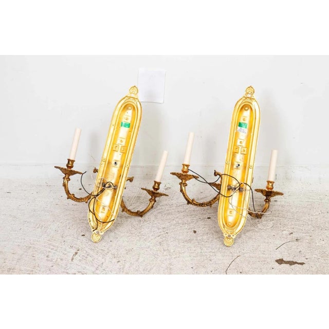 Metal Pair of Regency Style Three Arm Brass Sconces For Sale - Image 7 of 8