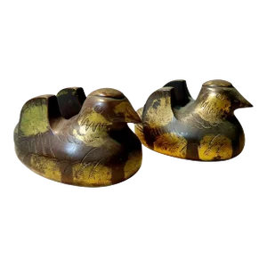 19th Century Gilt Bronze Mandarin Duck Screen Holders - a Pair